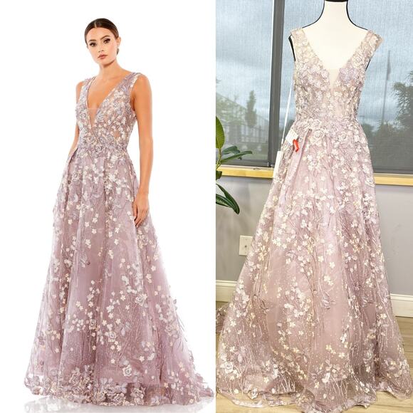 FLORAL EMBROIDERED ILLUSION V-NECK GOWN Size 4 - Picture 1 of 9